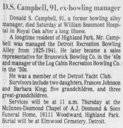 Log Cabin Bowling Lanes - Apr 1983 Former Manager Passes Away